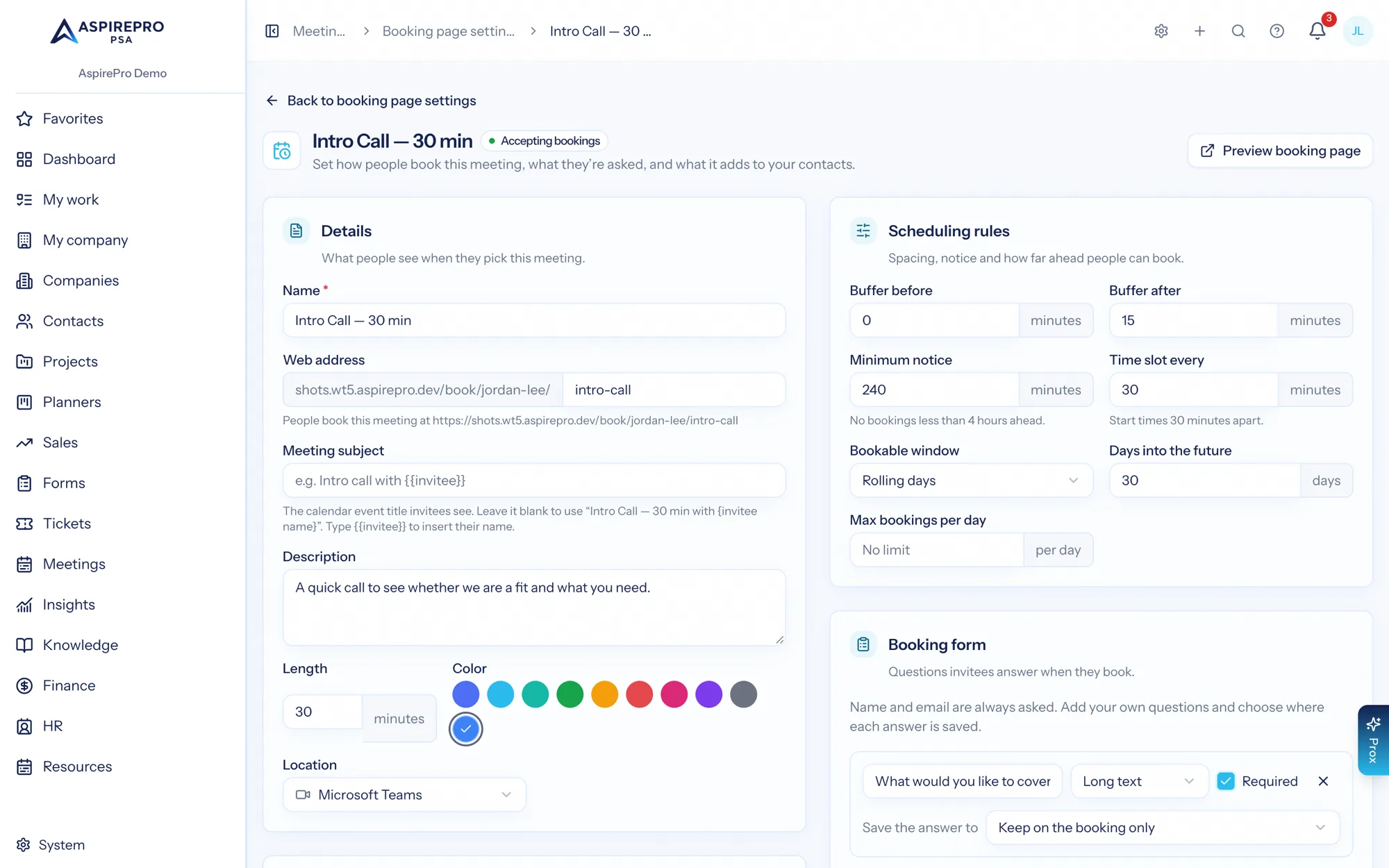 The booking page editor showing name, duration, location, scheduling rules and the booking form questions