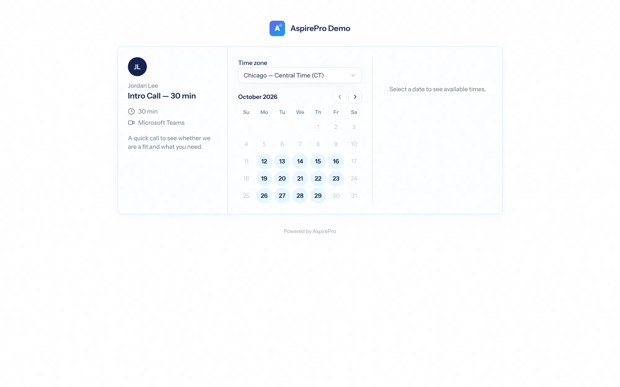 A public AspirePro booking page with a month calendar and open time slots