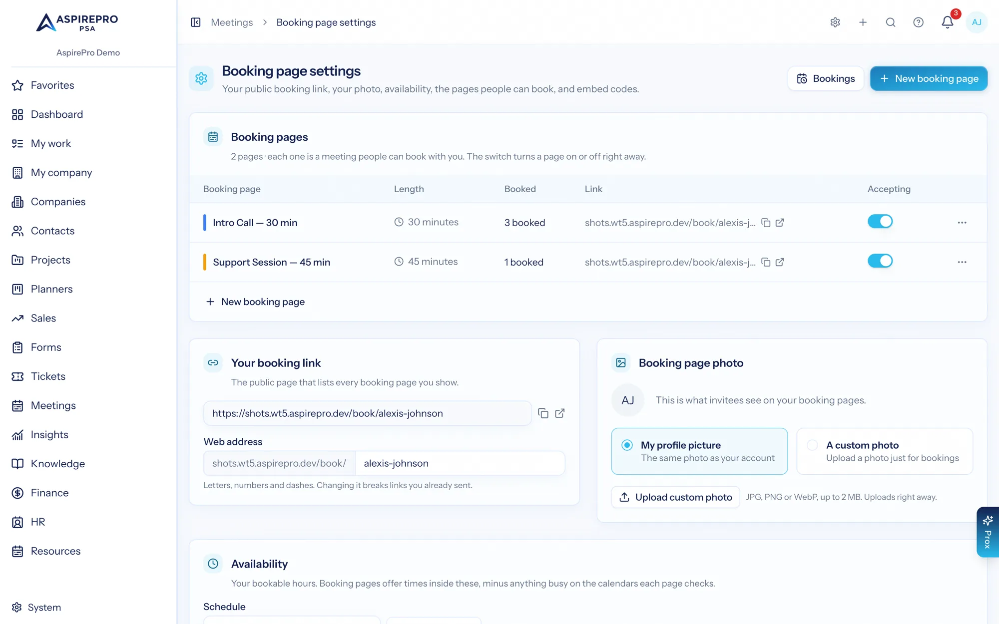Booking page settings showing the public booking URL, page list, photo and embed options