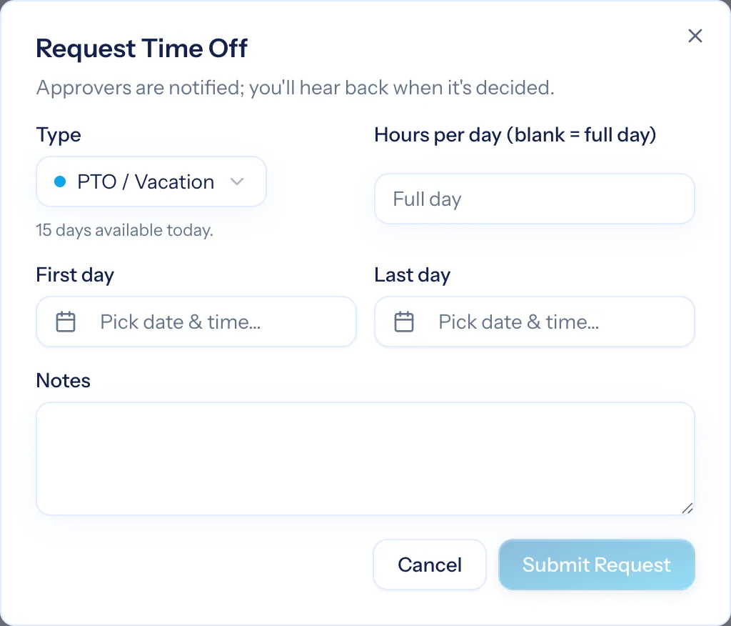 A time-off request form with type, dates and notes, and the person's balance