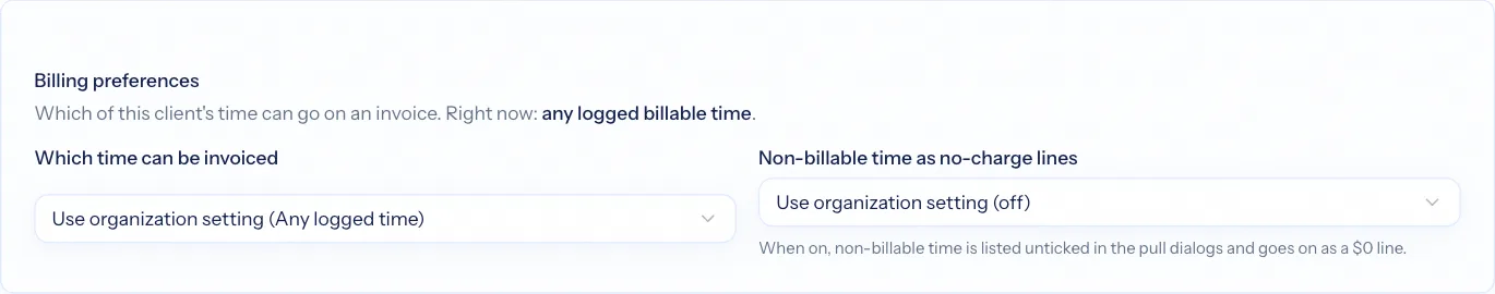 A client's billing preferences: which time can be invoiced, and whether non-billable time goes on as no-charge lines