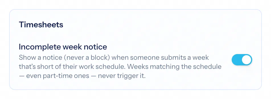 Finance settings: time rounding and the incomplete-week notice for timesheets