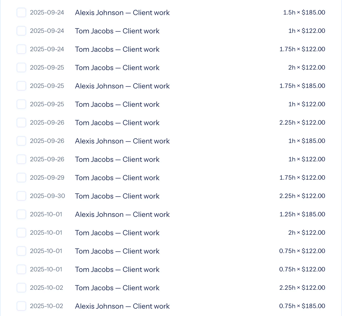 Unbilled work in progress grouped by client, ready to pull onto an invoice