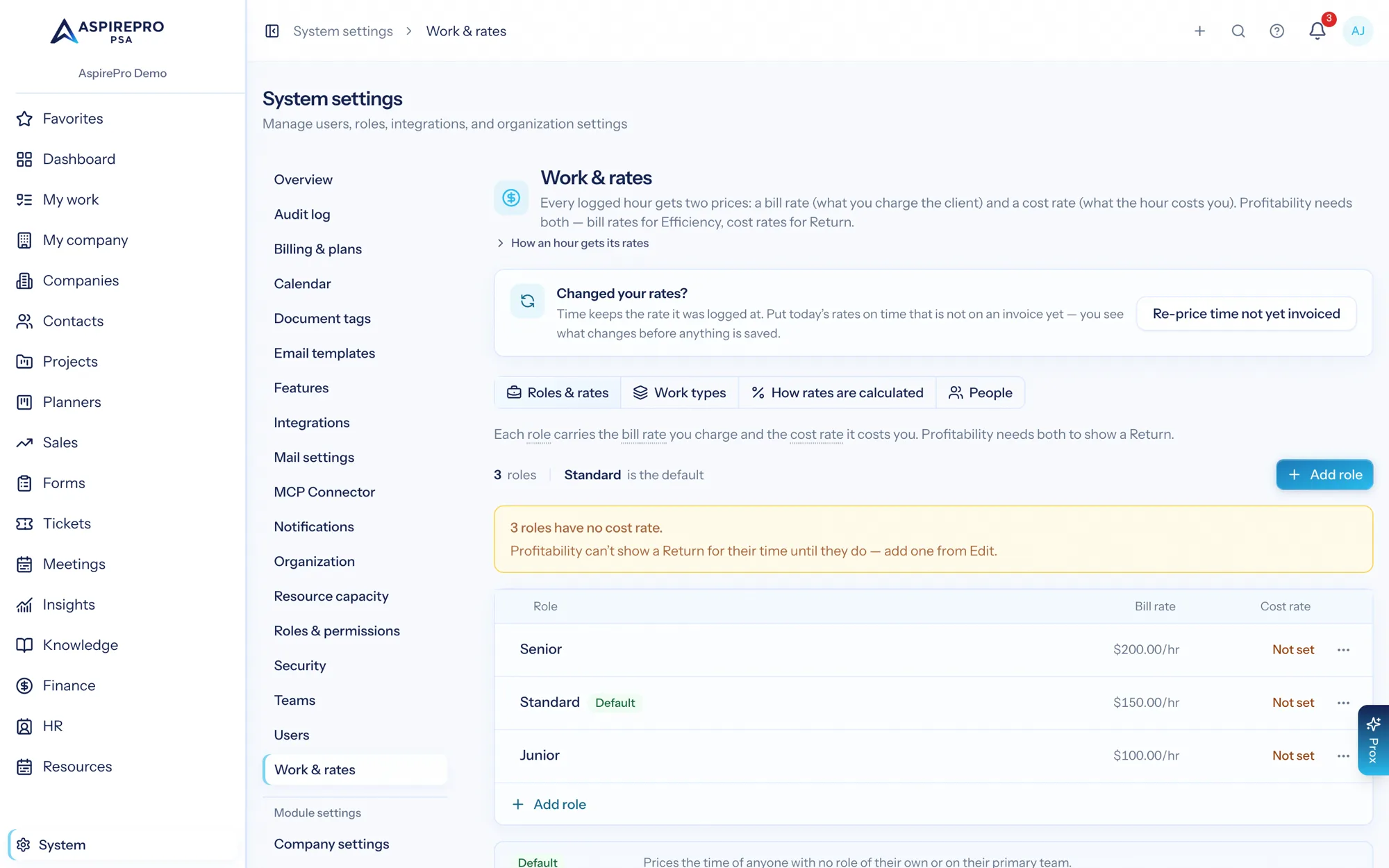 Work and rates settings: bill and cost rates per role, and the option to re-price time not yet invoiced after a rate change